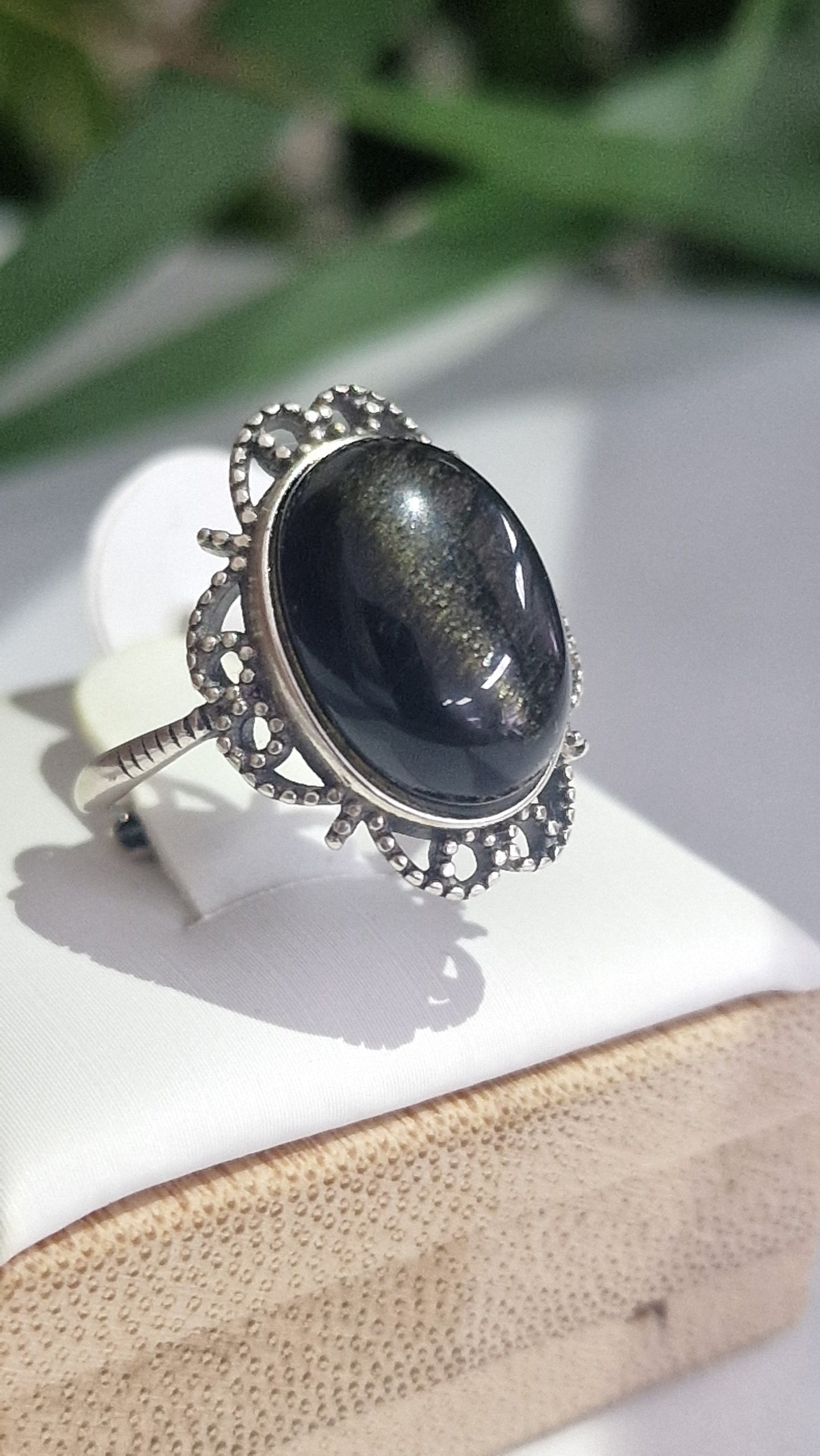 Obsidian Schwarz / Gold / Silber / Regenbogen Ring 925 Silber / Gold