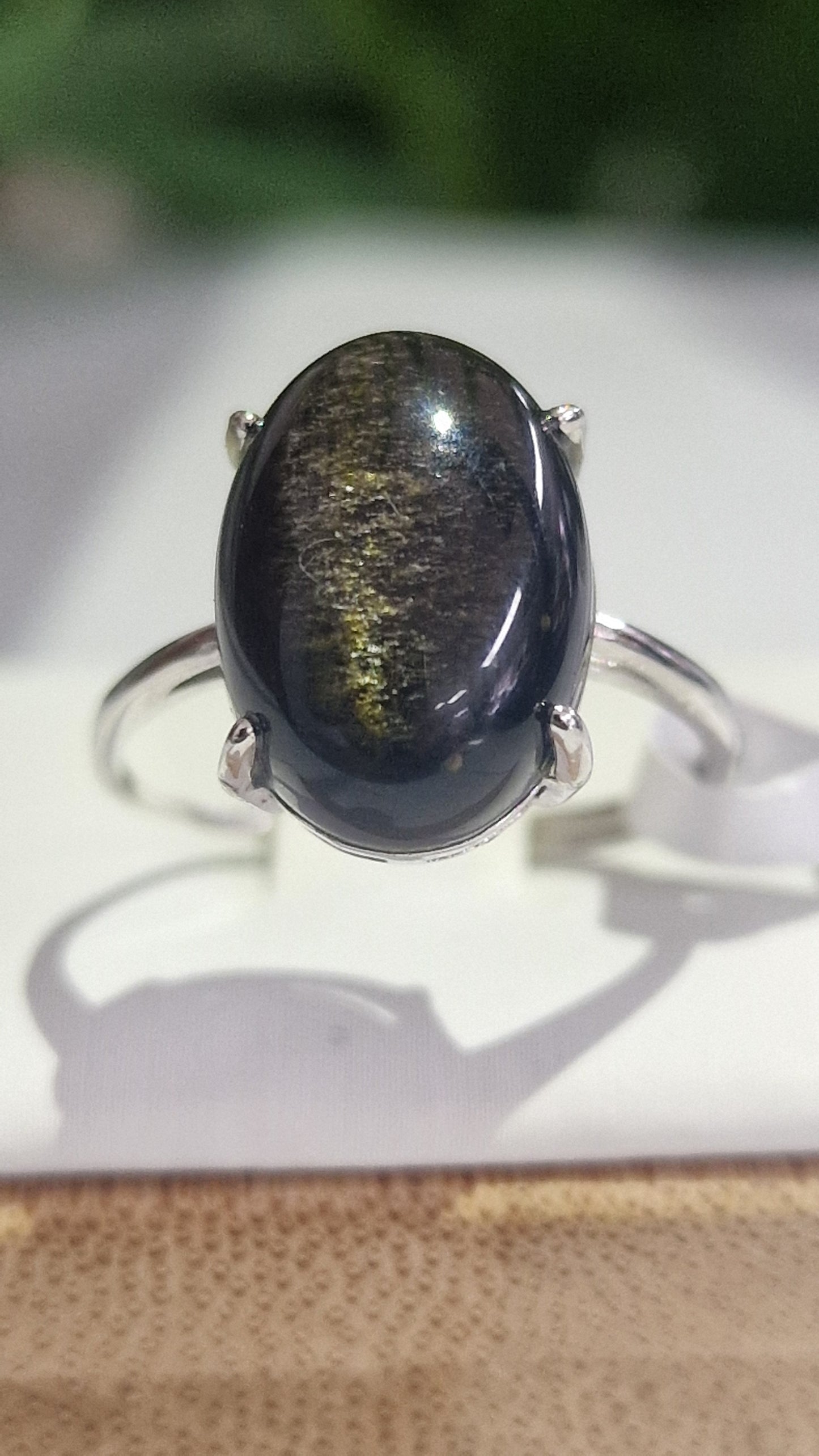 Obsidian Schwarz / Gold / Silber / Regenbogen Ring 925 Silber / Gold